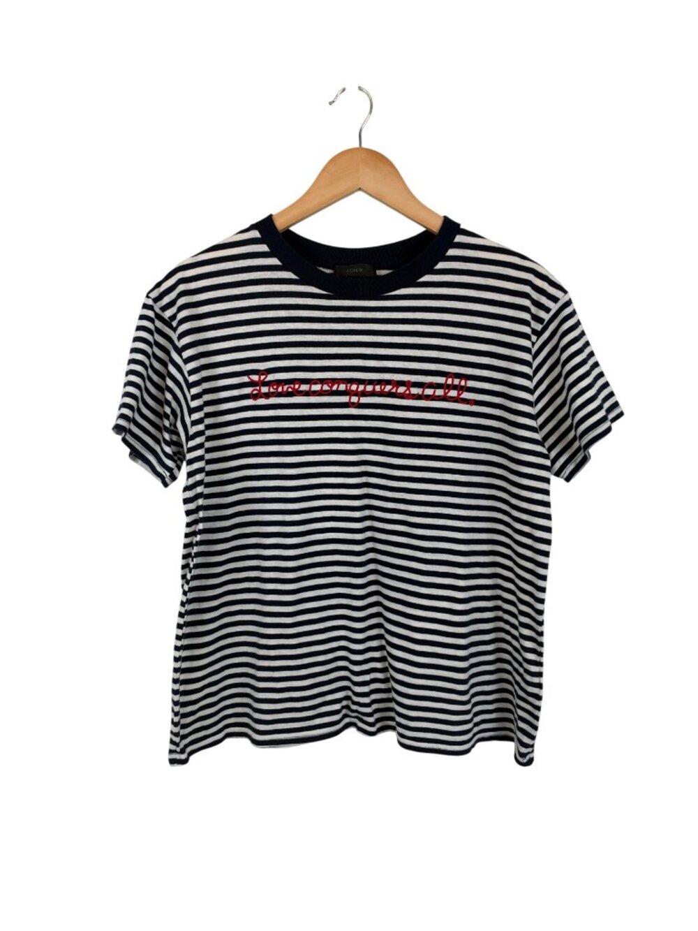 J.Crew Striped Tee "Love Conquers All" Embroidery Navy White Womens Size S